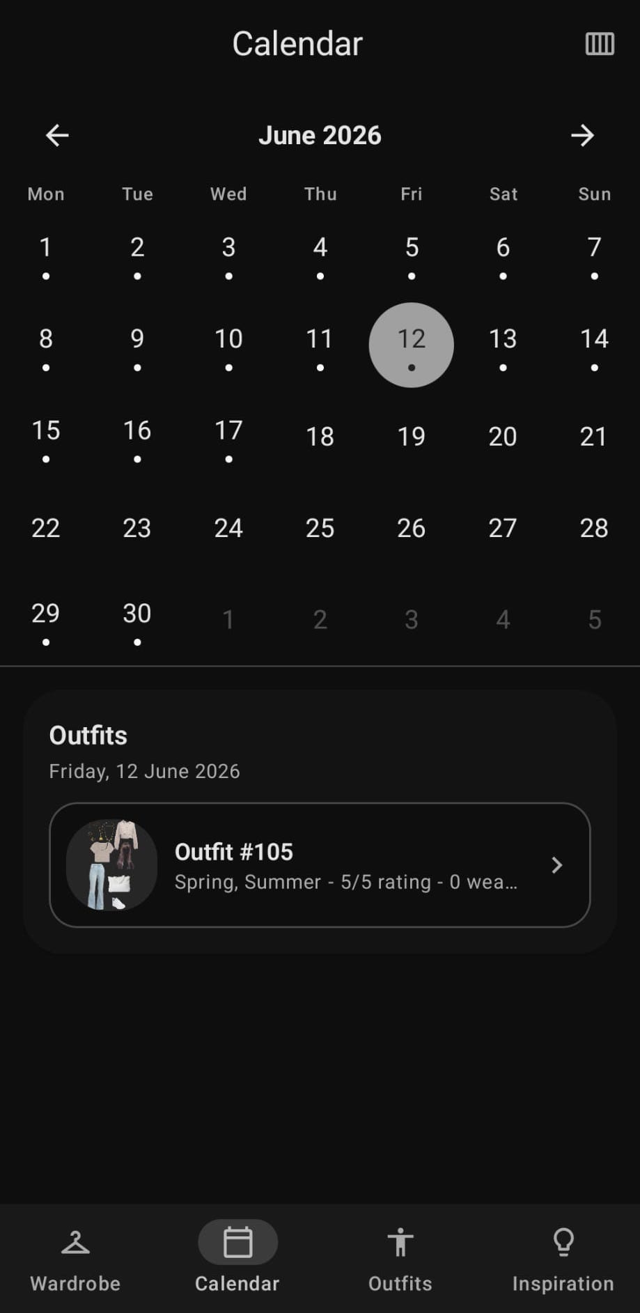 OOTD calendar with scheduled outfits