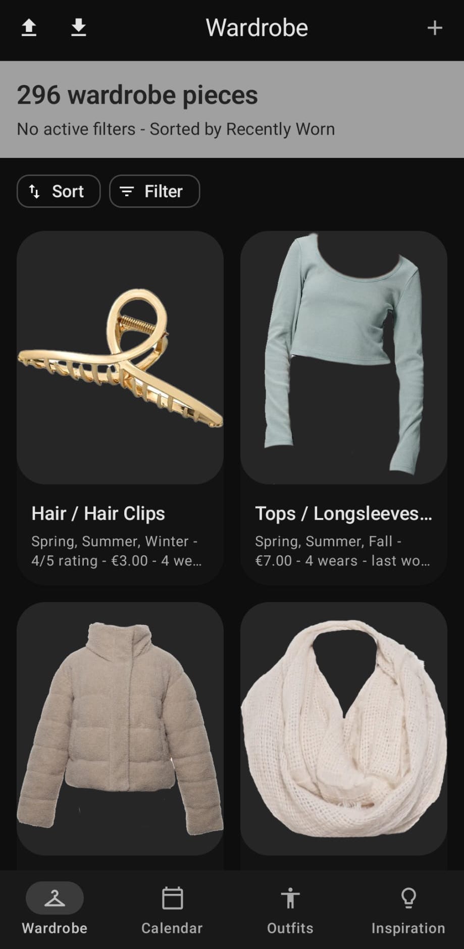 Wardrobe gallery showing clothing items in a grid